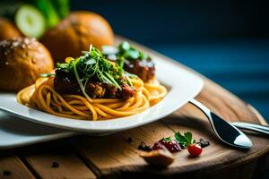 a plate of spaghetti with meatballs and vegetables. AI-Generated photo