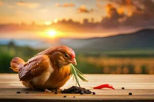 a chicken is eating seeds on a table with a sunset in the background. AI-Generated photo