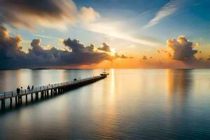 a pier with a long bridge over water. AI-Generated photo