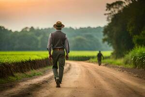 a man walking down a dirt road with a hat on. AI-Generated photo