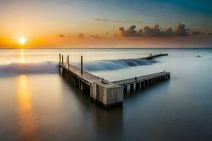 un largo exposición fotografía de un muelle en el océano. generado por ai foto