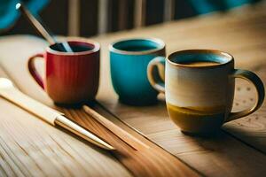 three coffee cups and a spoon on a table. AI-Generated photo