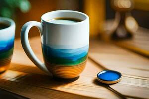 two coffee cups with a blue and white design. AI-Generated photo