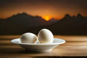 eggs in a bowl with a mountain in the background. AI-Generated photo