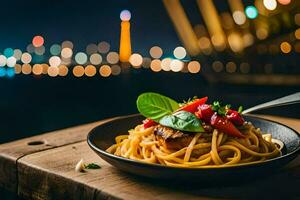 a plate of spaghetti with tomato and basil on a wooden table in front of a cityscape. AI-Generated photo