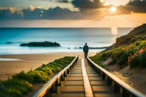 a man walks along a wooden walkway on the beach. AI-Generated photo