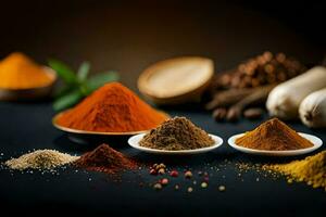 various spices and spices on a black background. AI-Generated photo