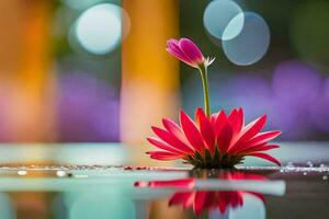 a single red flower is sitting on top of a water surface. AI-Generated photo