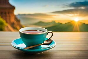 a cup of tea on a wooden table with a view of the sunset. AI-Generated photo