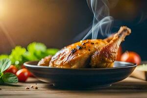 un pollo es sentado en un plato con vegetales. generado por ai foto