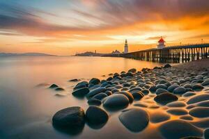 a pier with rocks and a lighthouse at sunset. AI-Generated photo