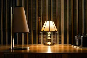 a table with a lamp and a desk lamp. AI-Generated photo