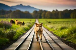 a dog walking on a train track in the middle of a field. AI-Generated photo