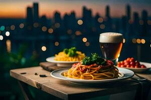 a plate of pasta and beer on a table in front of a cityscape. AI-Generated photo