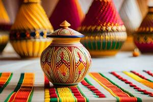 colorful vases on a table with colorful ribbons. AI-Generated photo