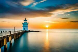 a lighthouse stands on a pier at sunset. AI-Generated photo