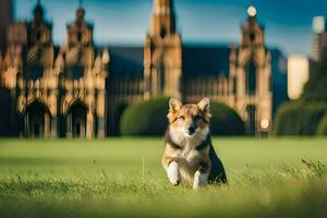a dog is running in the grass in front of a building. AI-Generated photo
