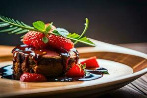 a dessert with strawberries and chocolate sauce. AI-Generated photo