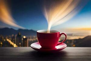 un taza de café en un mesa con un ciudad en el antecedentes. generado por ai foto