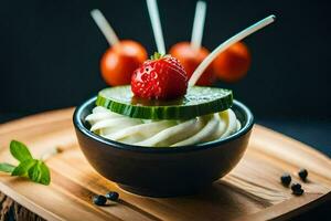 a bowl of yogurt with strawberries and cucumbers. AI-Generated photo