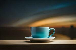 a cup of coffee on a wooden table with a view of the city. AI-Generated photo