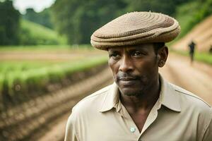 a man wearing a hat stands in a field. AI-Generated photo