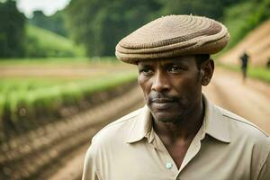 un hombre vistiendo un sombrero soportes en un campo. generado por ai foto