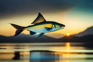 a fish is flying over the water at sunset. AI-Generated photo