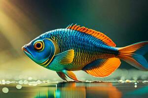 a fish with bright colors is standing on the water. AI-Generated photo