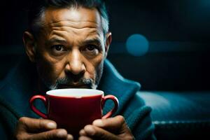 un hombre participación un rojo café taza. generado por ai foto