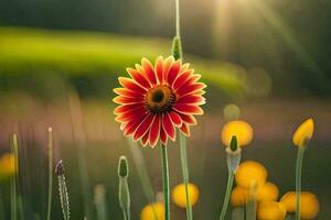 un rojo flor es en pie en el medio de un campo. generado por ai foto