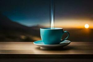 a cup of coffee on a table with a view of the sunset. AI-Generated photo