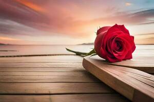 a red rose sits on a wooden table in front of a sunset. AI-Generated photo