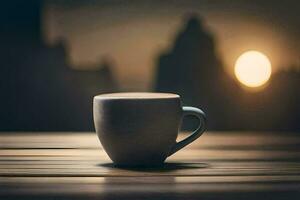 a coffee cup sits on a table in front of a city skyline. AI-Generated photo