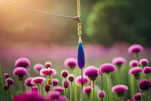 a person holding a feather in front of a field of pink flowers. AI-Generated photo