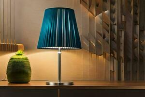 a lamp with a blue shade on a table. AI-Generated photo