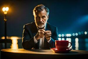 a man in a suit sitting at a table with a cup of coffee. AI-Generated photo