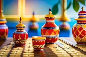 colorful vases and cups sit on a table. AI-Generated photo