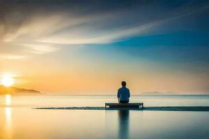 man sitting on a bench in the ocean at sunset. AI-Generated photo