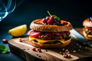 two hamburgers with cheese and vegetables on a wooden cutting board. AI-Generated photo