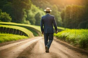 un hombre en un traje y sombrero caminando abajo un suciedad la carretera. generado por ai foto