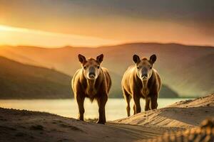 dos caballos estar en el arena a puesta de sol. generado por ai foto