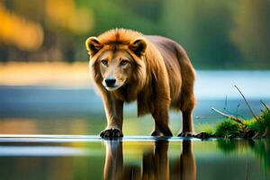 un león en pie en el apuntalar de un lago. generado por ai foto