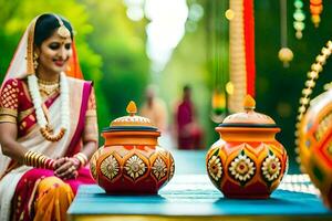 un mujer en tradicional indio atuendo se sienta siguiente a dos ollas. generado por ai foto