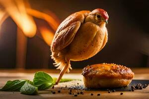 un pollo en pie en parte superior de un Pastelería. generado por ai foto