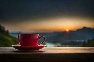 a cup of coffee on the balcony, the sun setting, mountains, hd wallpaper. AI-Generated photo