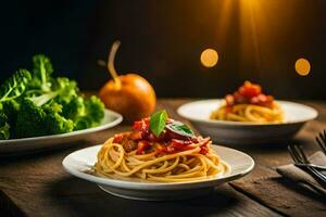 espaguetis con tomate salsa y brócoli en un de madera mesa. generado por ai foto