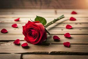 a single red rose on a wooden table with hearts. AI-Generated photo