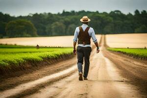 a man in a hat and vest walking down a dirt road. AI-Generated photo