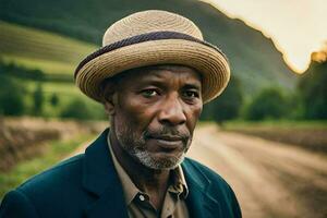 an african man wearing a hat stands in a field. AI-Generated photo